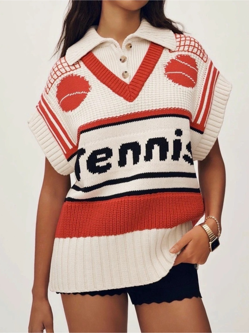 Maeve Tennis V-Neck Button-Up Twofer Sweater Vest